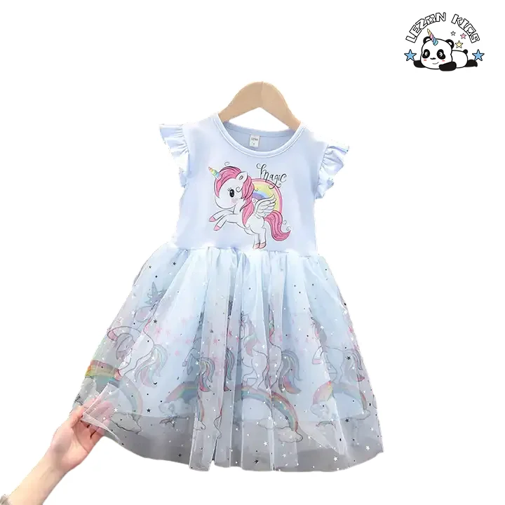 LEZONKIDS - Customizable New Fashion Cotton Ruffle Sleeve Kids Dresses Tulle Dress unicorn Dress for Girls